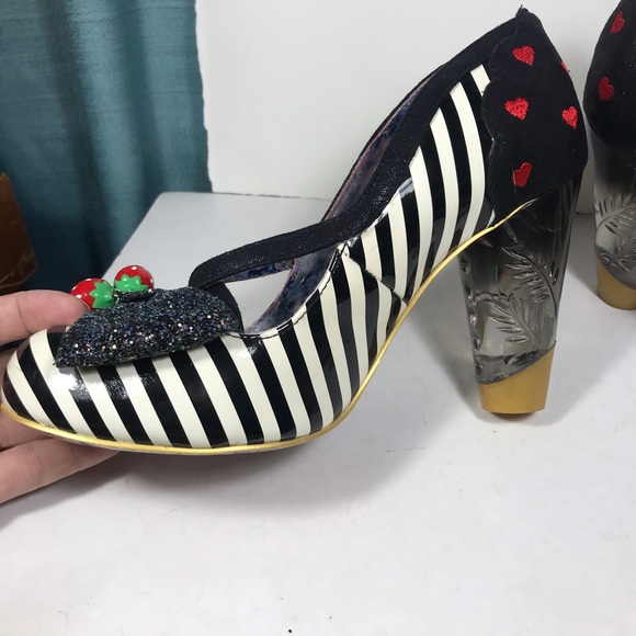 Irregular Choice Black and White Striped Heels with Red Heart Strawberry Accent - Picture 3 of 7
